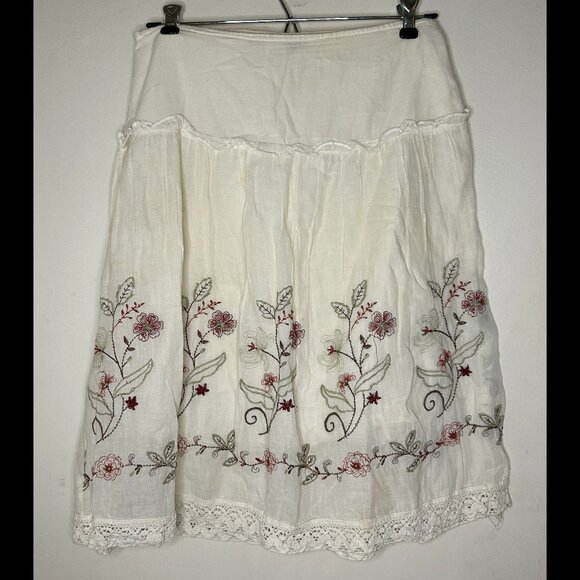LULUMARI ANTHROPOLOGIE Bohemian White Embroidered Floral Midi Cotton Skirt SZ SM - Picture 1 of 3